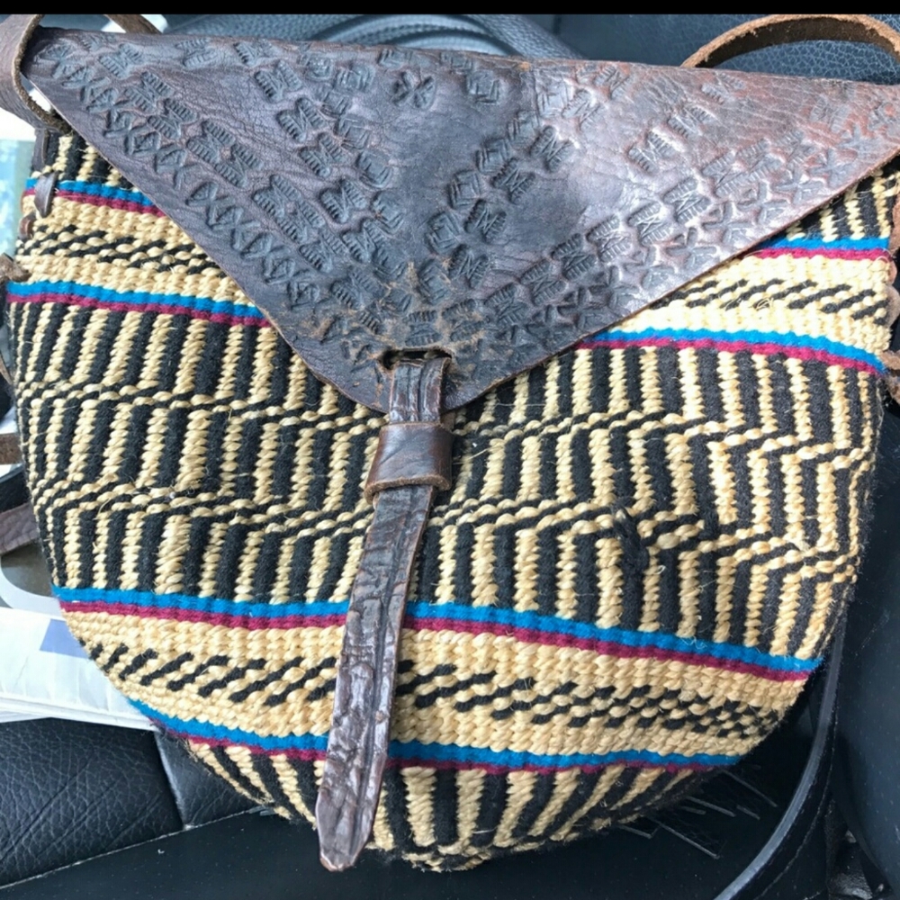 Vintage African boho Jute Sisal Tooled Leather bag